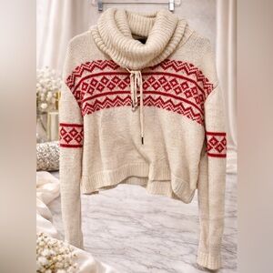 Cozy Cream Pullover Sweater with Red Fair Isle Detail